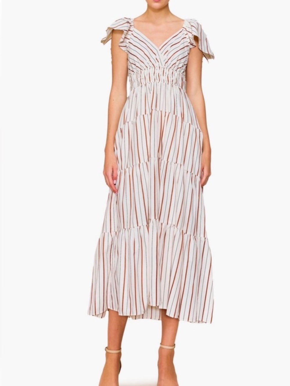 MELLODAY Striped Flutter Sleeve Maxi Dress Burnt Orange Stripe Size Small
